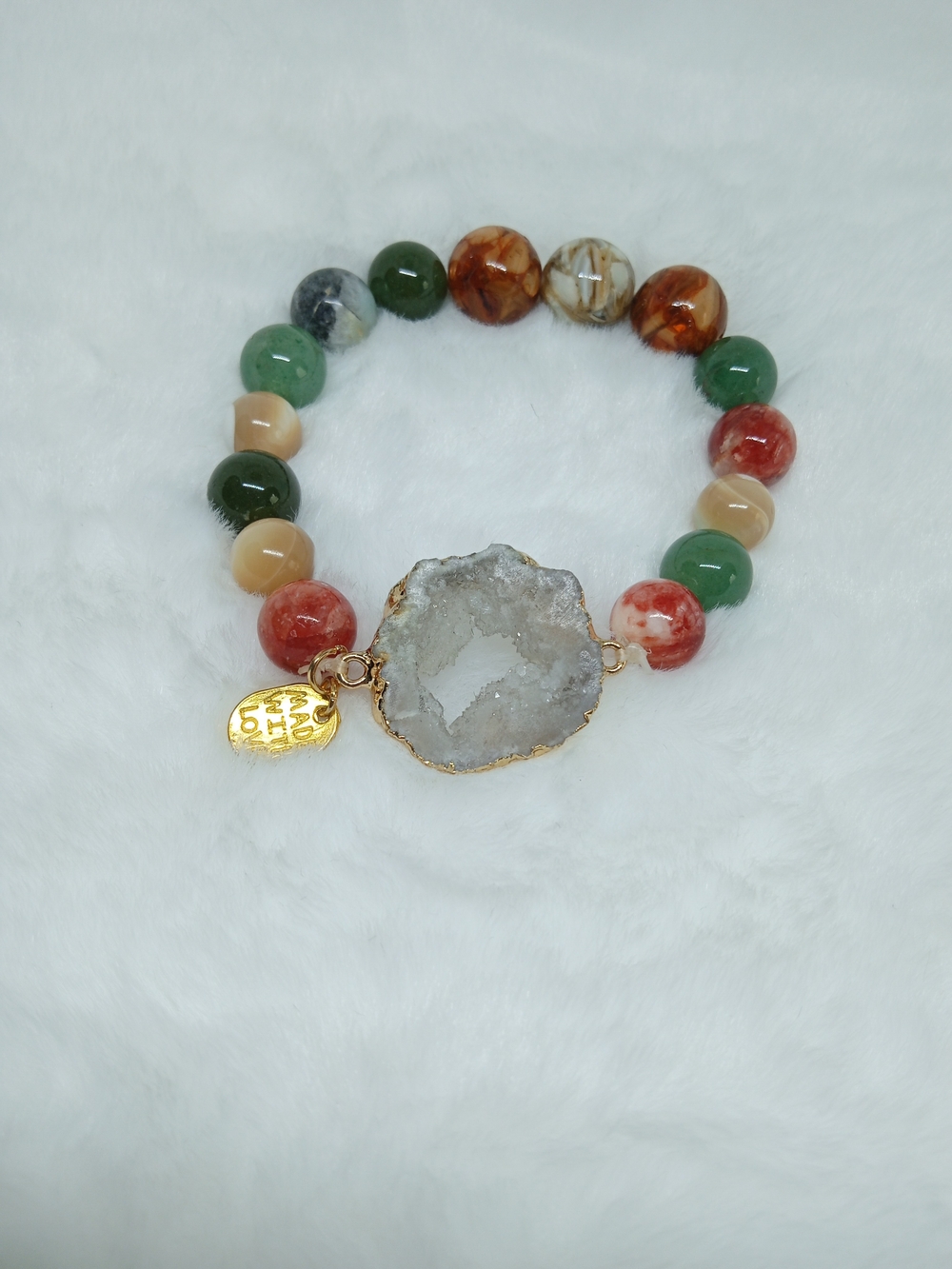 Designer Quality!Multi-Color Agate Beaded Bracelet with Druzy Center